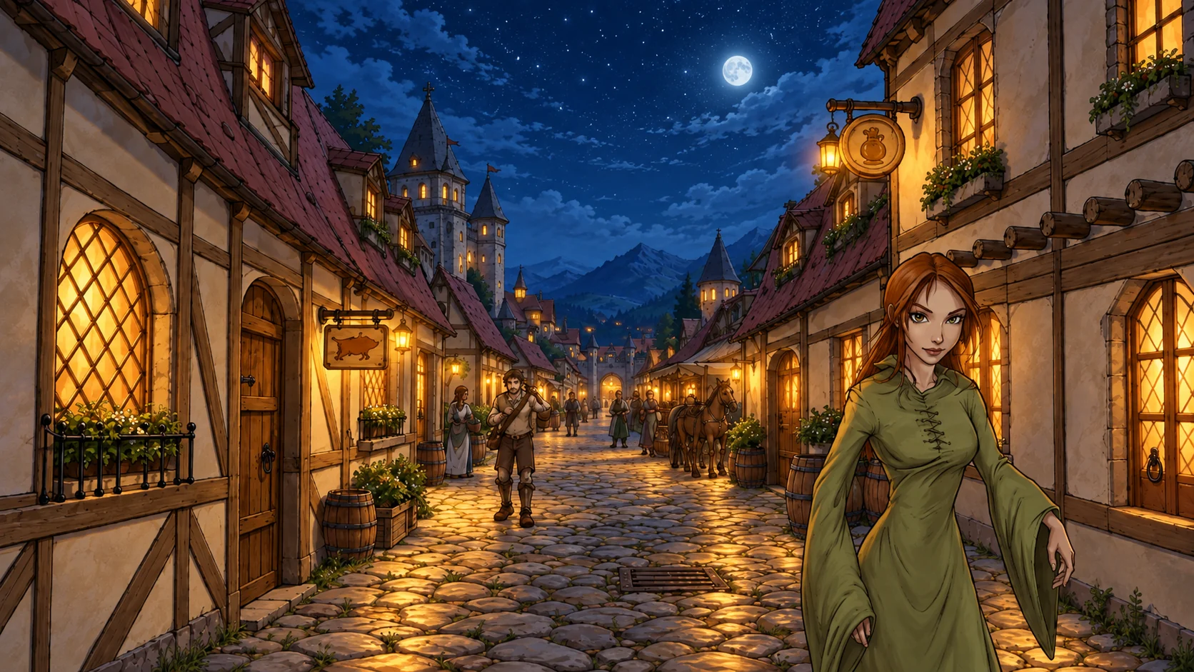 A moonlit village street glowing with lanterns, with townsfolk gathering at night